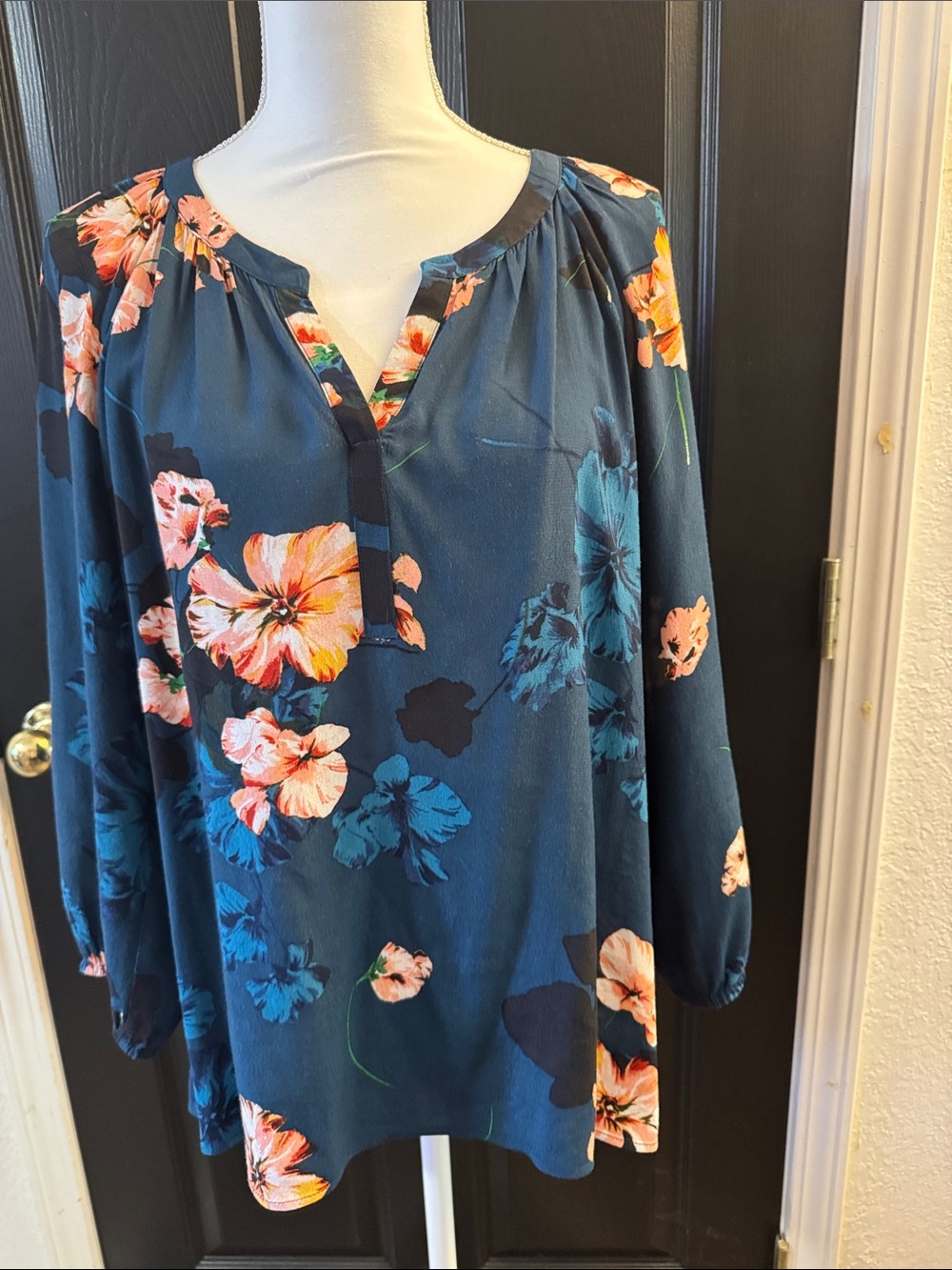 Daniel Rainn Navy Top with Coral and Teal Floral Trim